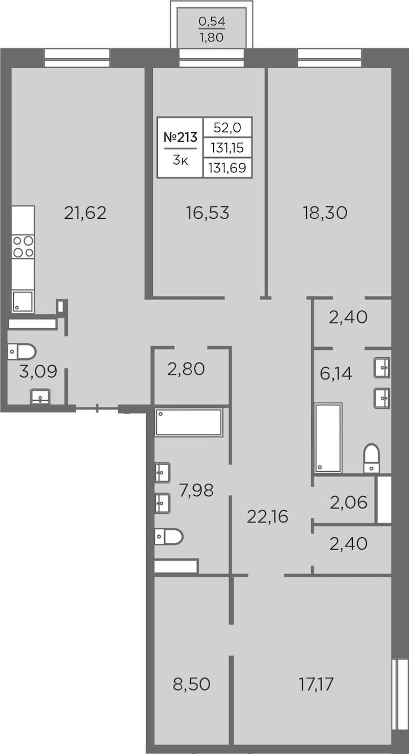 3-комнатная квартира 131.69 м², 4/8 эт., ЖК «Северная Корона»